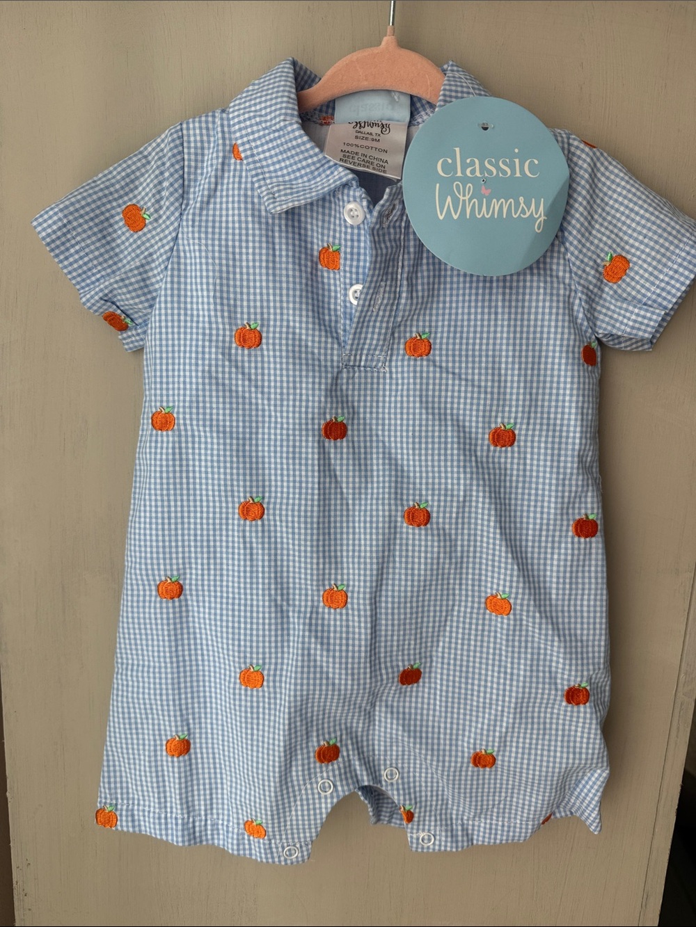 Classic Whimsy Blue Gingham Baby One-Piece with Orange Pumpkin Embroidery
